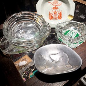 1930s Shriner's ashtray $48 (porcalin) assorted glass $25 ea, Vintage beaver dish $65